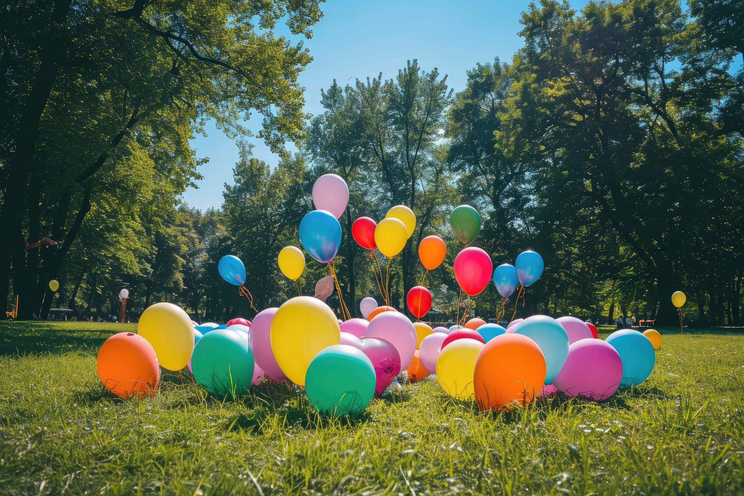 Baloane colorate pe iarbă